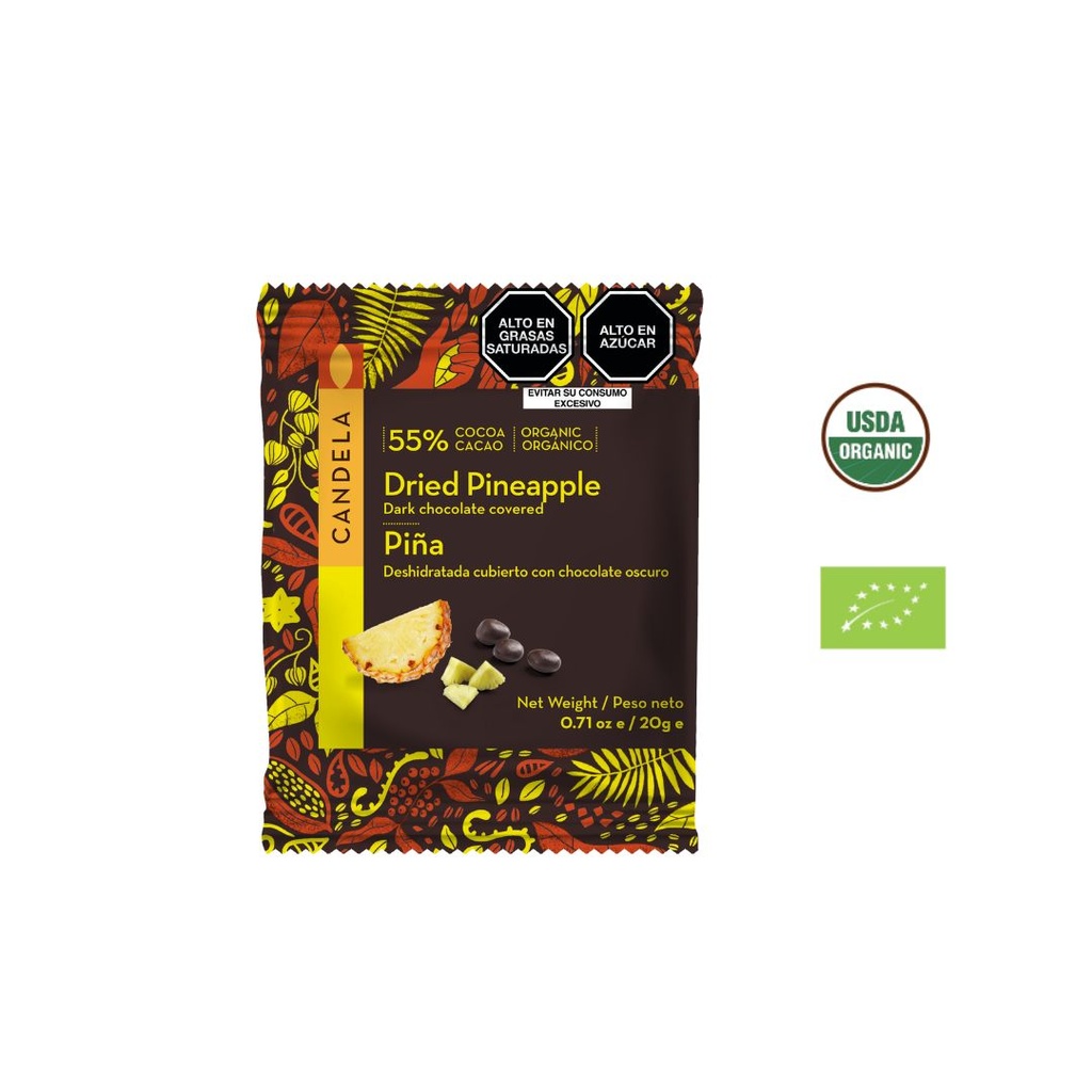 Piña deshidratada cubierto con chocolate 55% Cacao 20 g/Orgánico/Sachet/Caja x 16