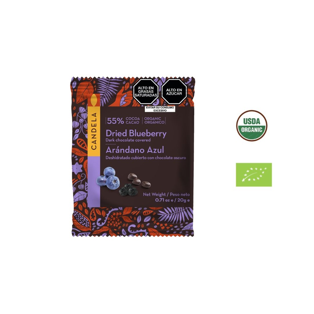 Arándano azul deshidratado cubierto con chocolate 55 % Cacao 20 g/Orgánico/Sachet/Caja x 16'